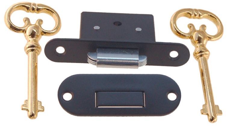 FLAT BLACK brass Roll Top Desk Lock Set rounded oval Catch 2 Keys vintage old