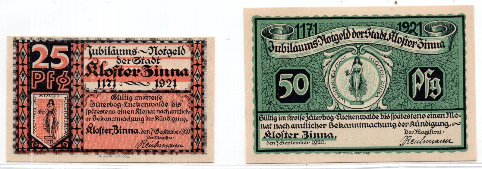 1920 Germany Kloster Zinna Notgeld 2 Notes (1853)
