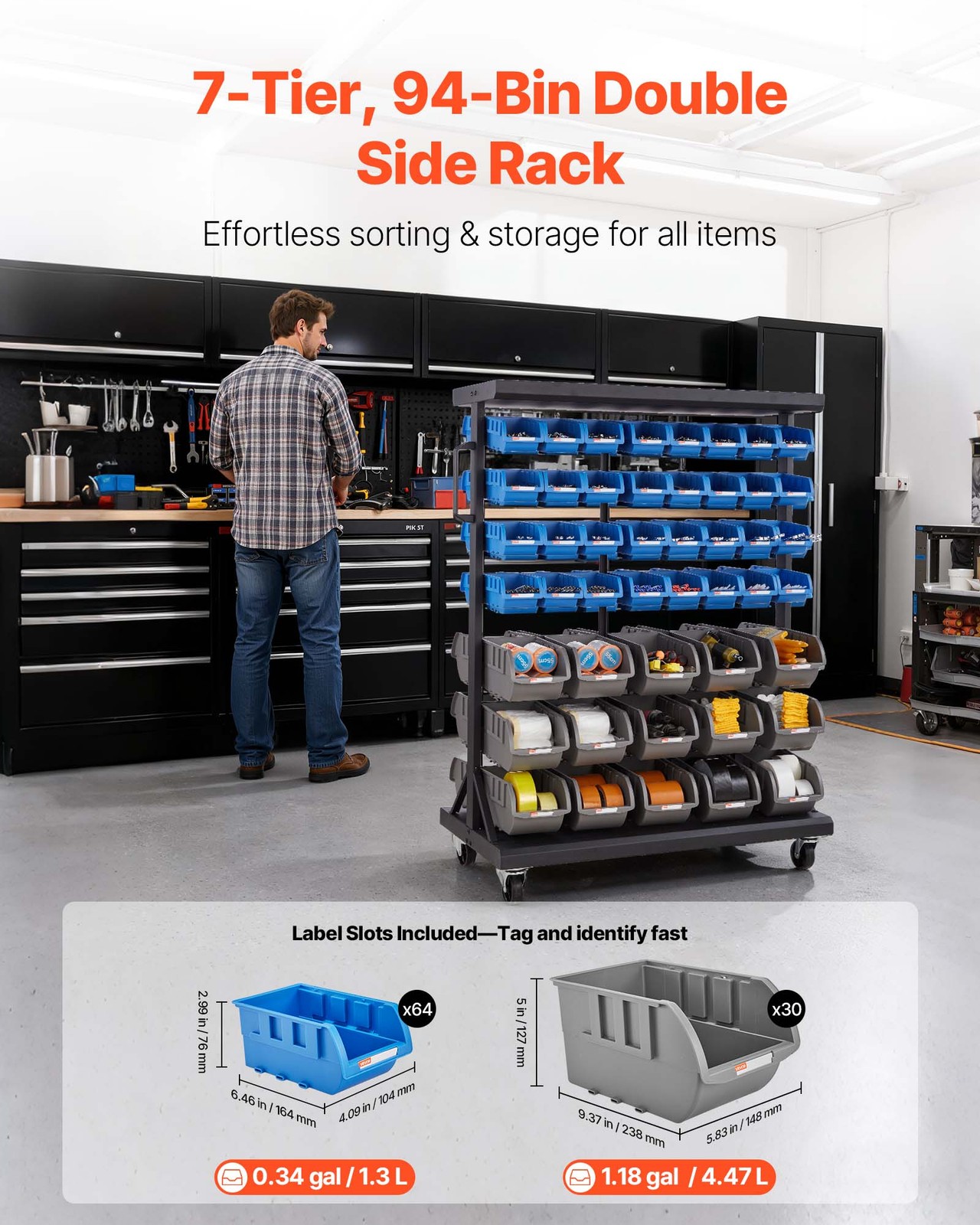 VEVOR Double-Sided Rolling Bin Rack 7-Tier Bin Rack Storage System with 94 Bins