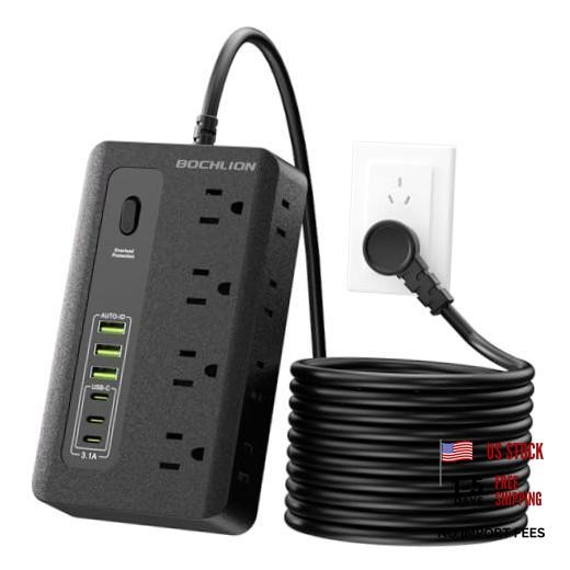 Power Strip with USB, 6ft Surge Protector Flat Plug Extension Cord with 8 Black