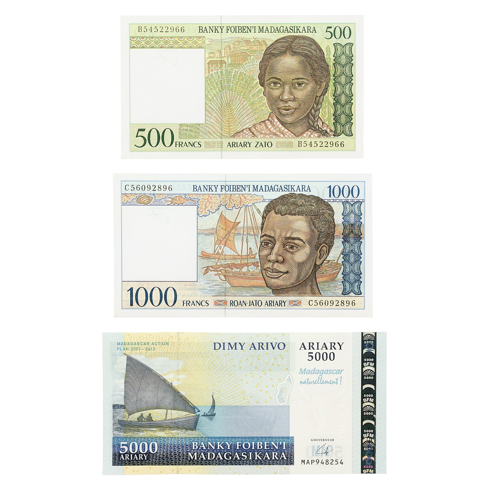Lot of 3 diff. Madagascar Banknotes AU-UNC.