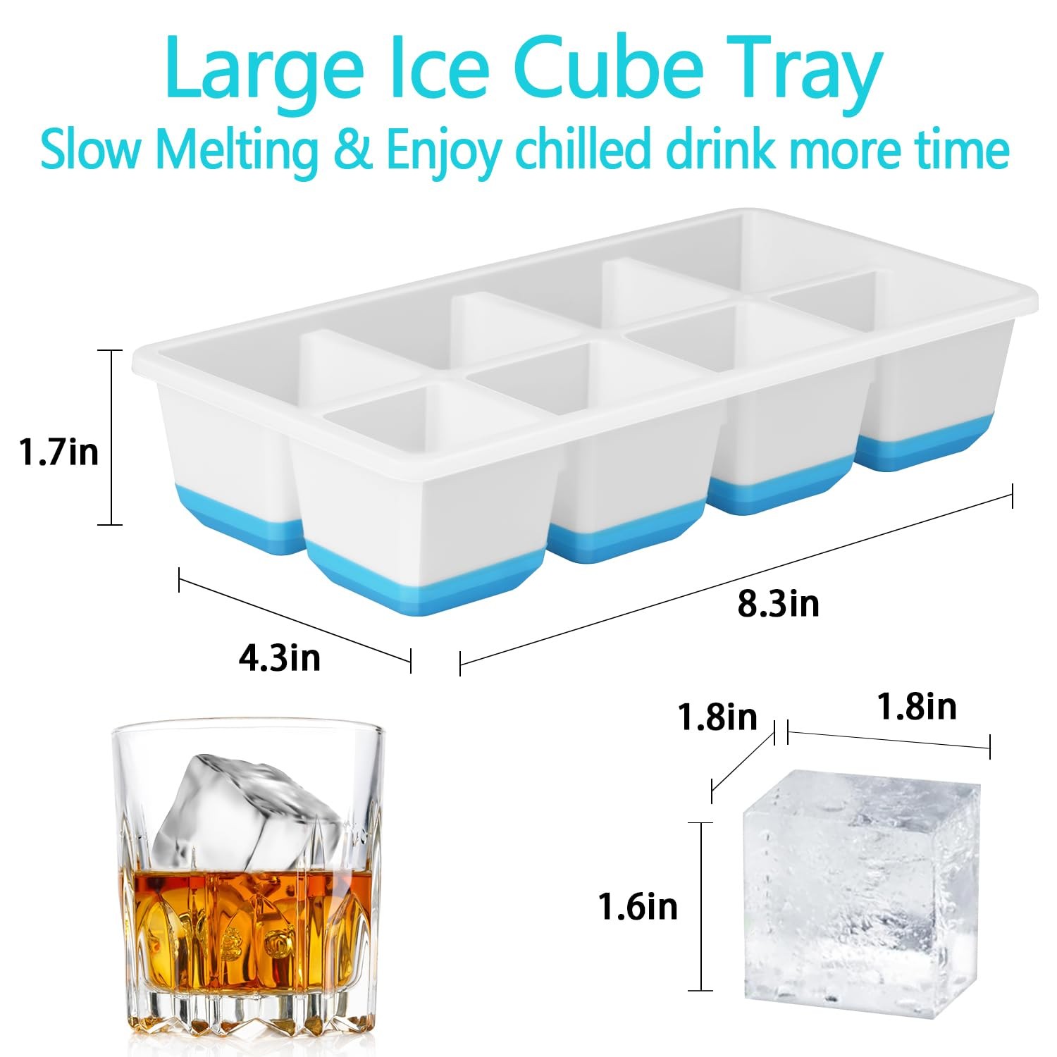 Large Ice Cube Trays 2 Pack, Silicone Easy-Release and Flexible Ice Cube Molds