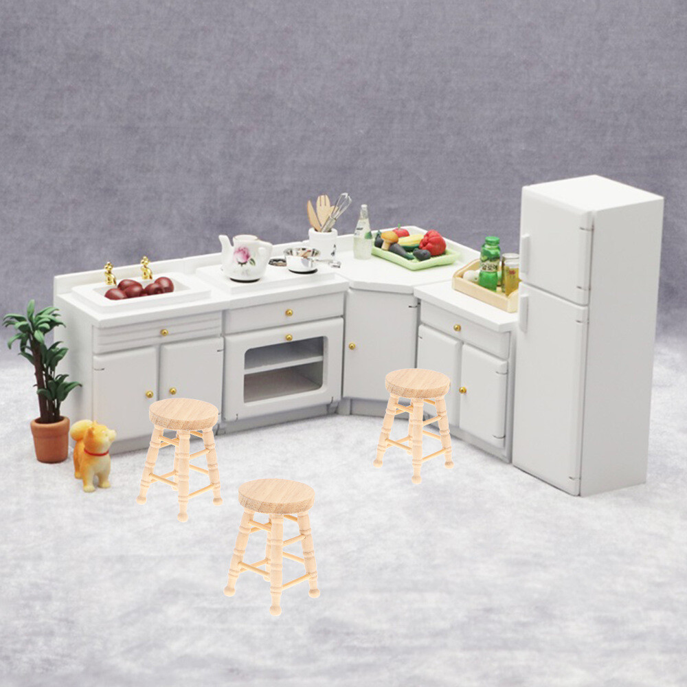 4PCS Wooden Stools Photo Props Kids Playthings Dollhouse Supplies (Khaki)