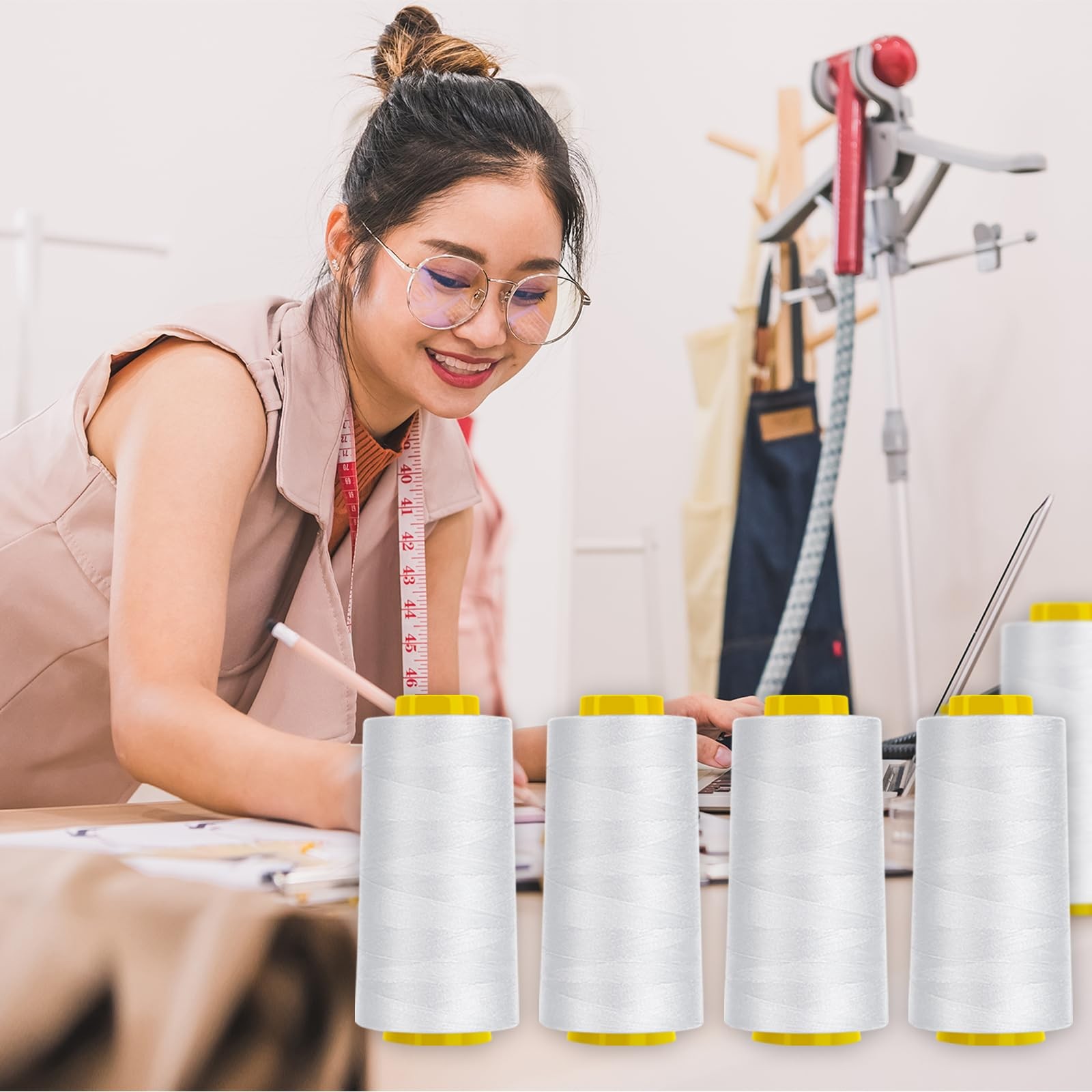 4 PCS Serger Thread Cones 3000 Yd White Polyester Sewing Overlock Quilting