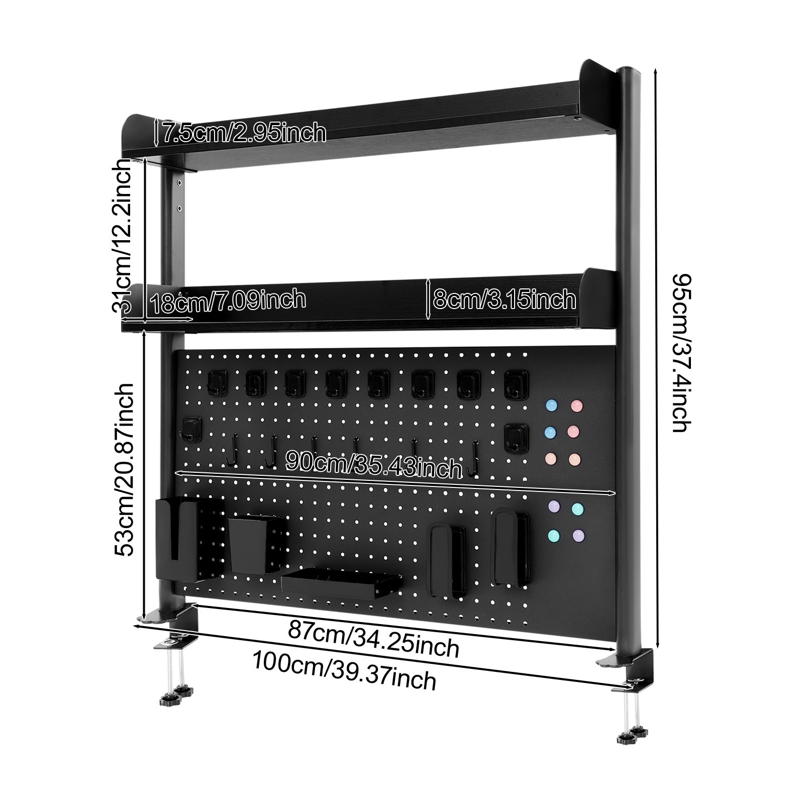 Premium Black Desktop Bookshelf with Adjustable Shelves & Pegboard Organizer