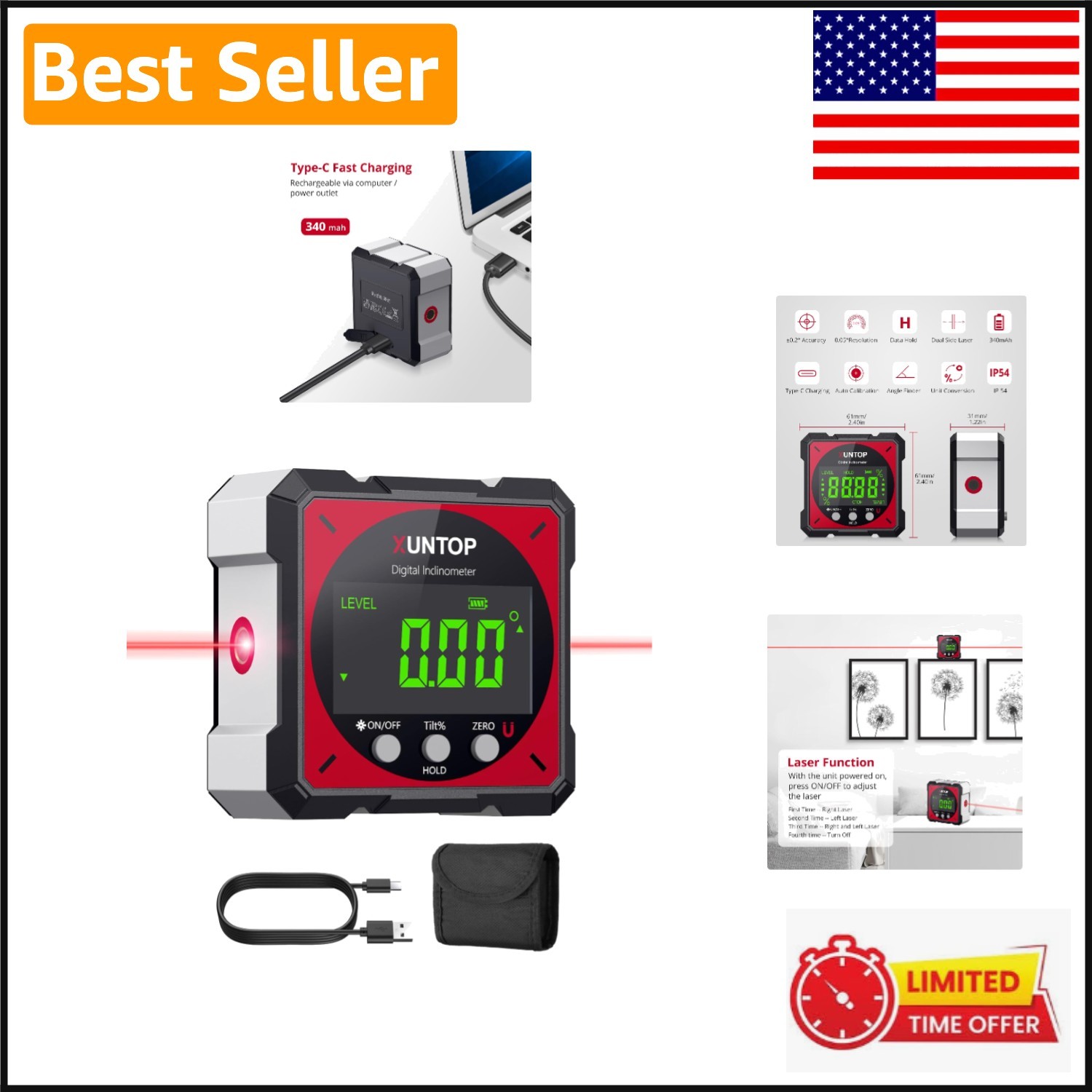 Compact Laser Angle Finder with 4-Sided Magnetic Grip & Backlit Display