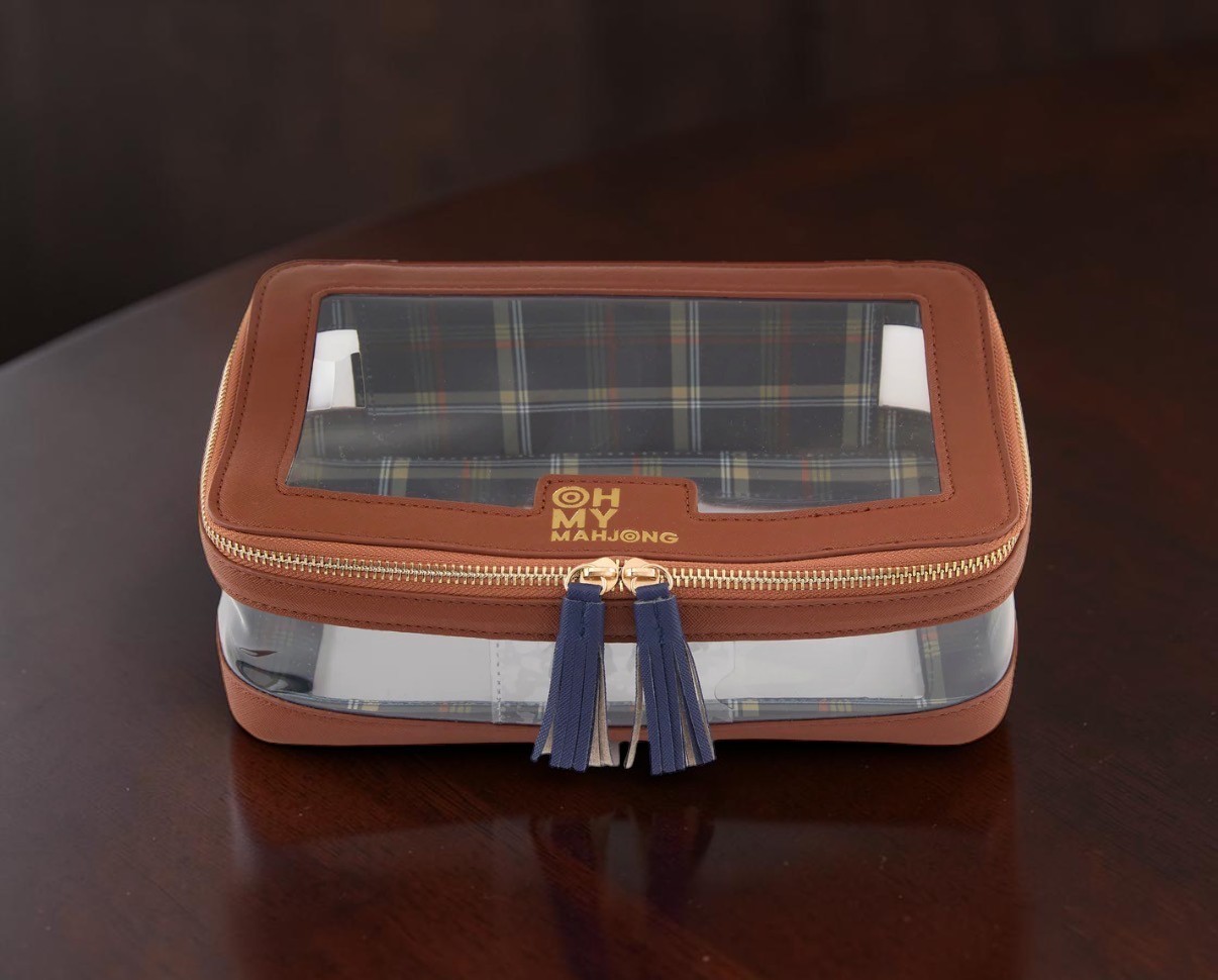 Oh My Mahjong Mahjong Tile Storage Case Organizer Bag Brown Cognac Plaid NEW