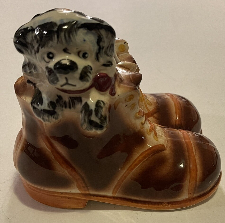Vintage Puppy In Shoes Glazed Ceramic Planter, 4.5 x 5”