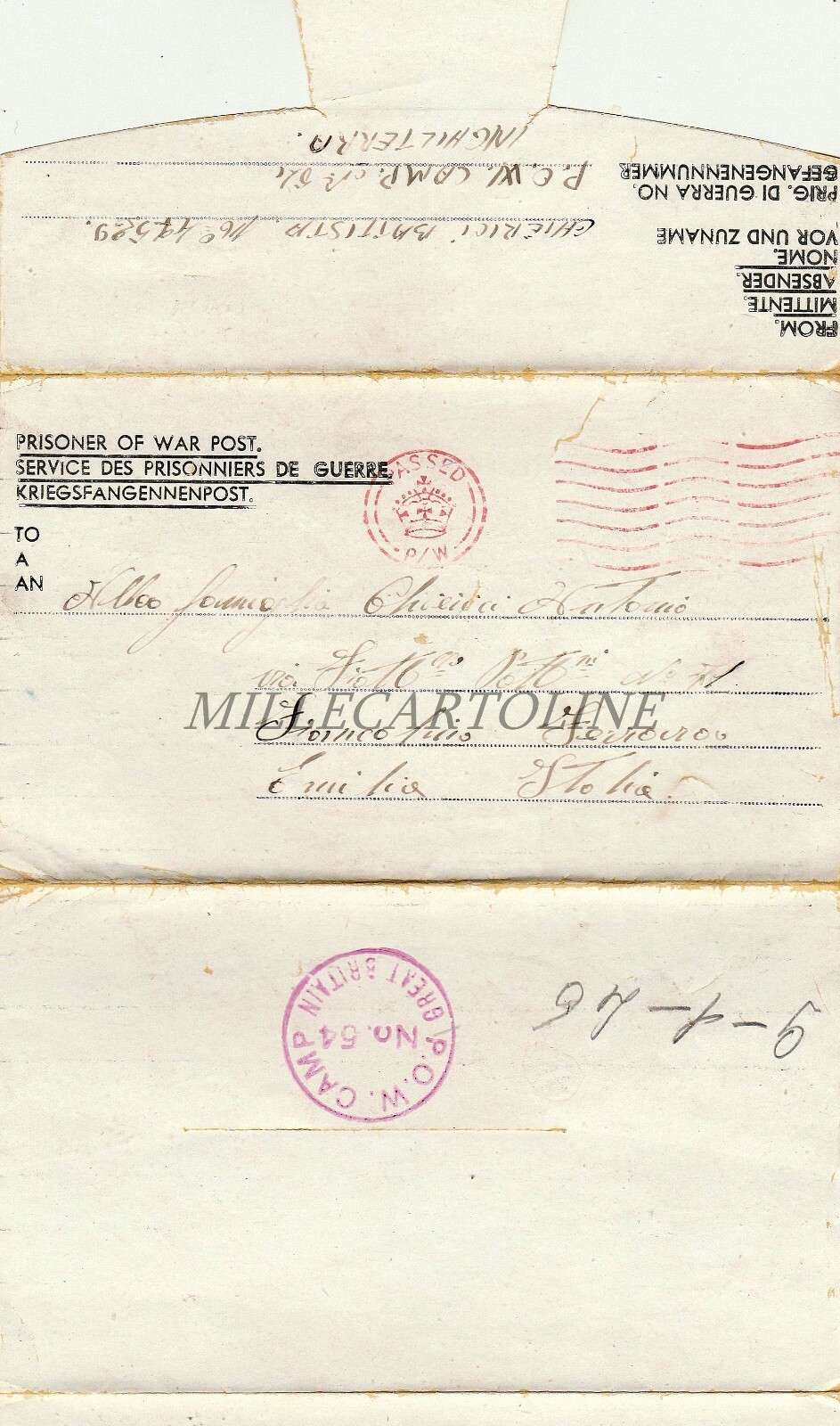 PRISONER OF WAR POST WWII 1945 POW Camp Great Britain a Francolino Ferrara