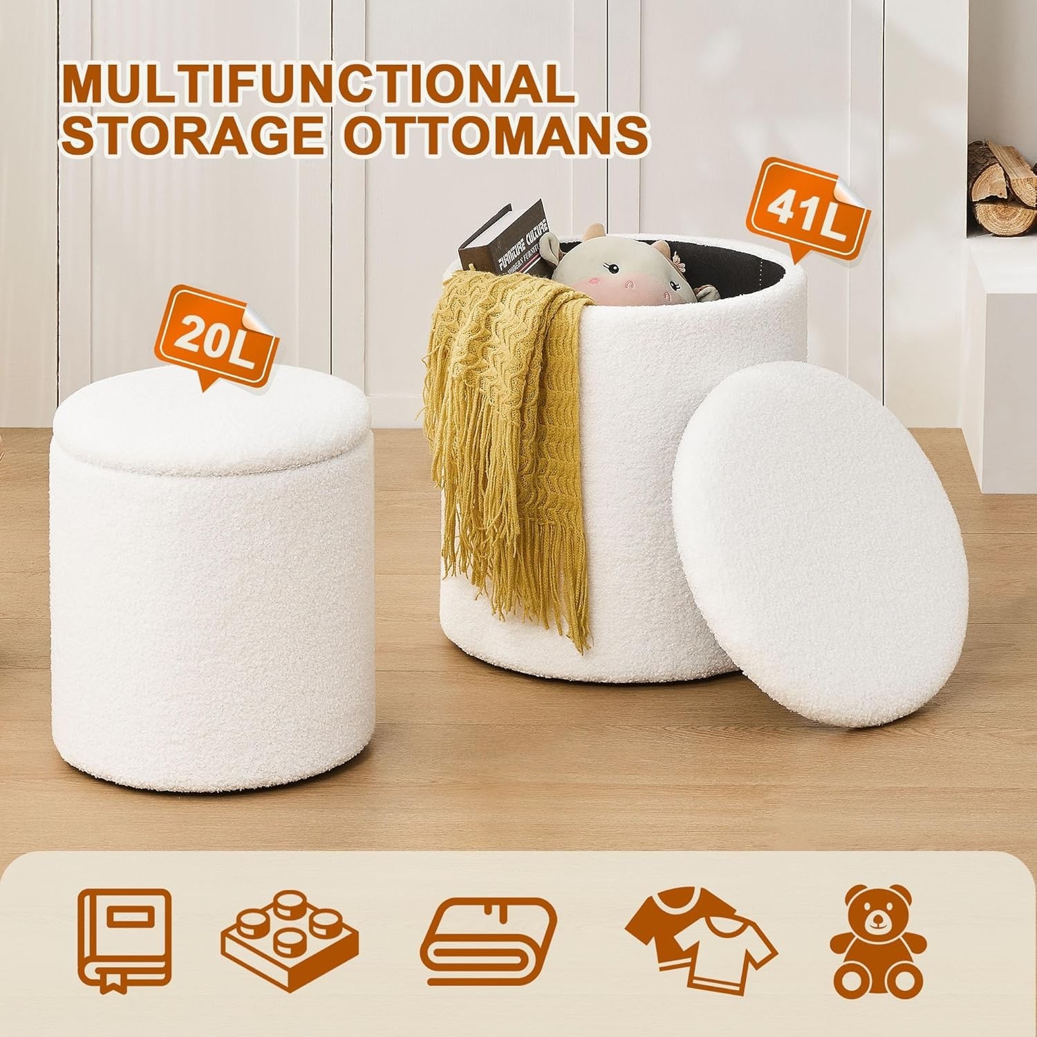 Round Set of 2 Ottoman with Storage Boucle Storage Ottoman Foot Stool White