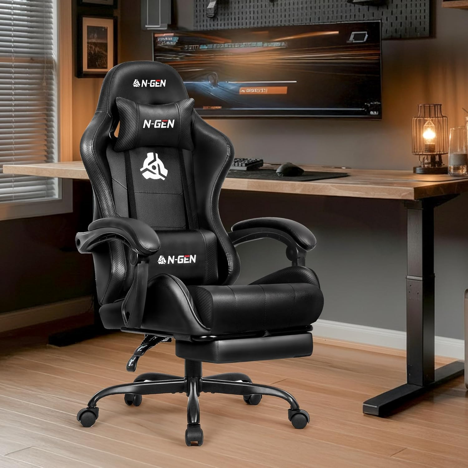 Video Gaming Chair with Footrest Lumbar Support for Home Office High Back Reclin