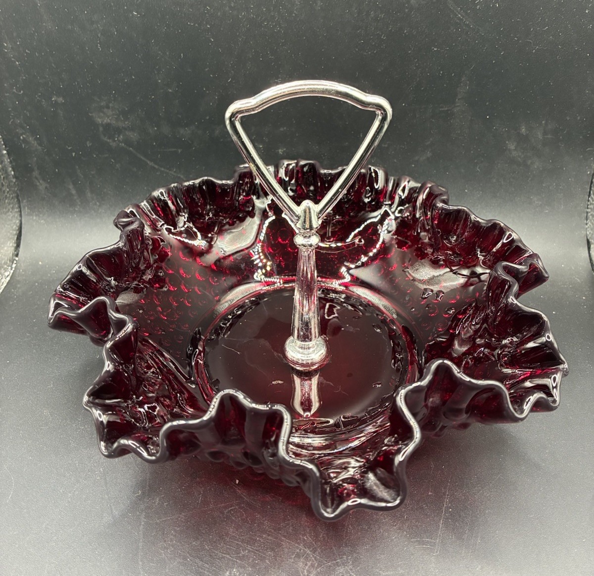 Vintage Fenton Glass Bon Bon Candy Dish Ruby Red Hobnail Metal Handle