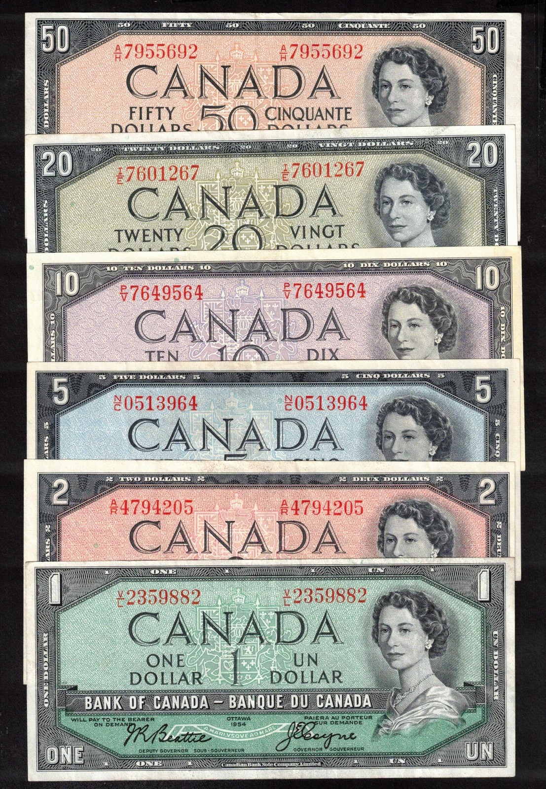 1954 Canada 6-note set $1 $2 $5 $10 $20 $50 Beattie Coyne VF+