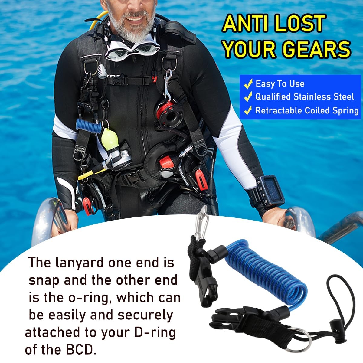 Scuba Diving Lanyard, Heavy Duty Spring Coiled Diving Clips