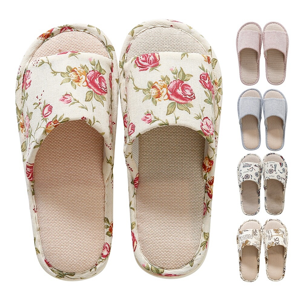 Women's Floral Home Slippers Open Toes Mute Flat Slippers Anti-Slip Indoor Shoes