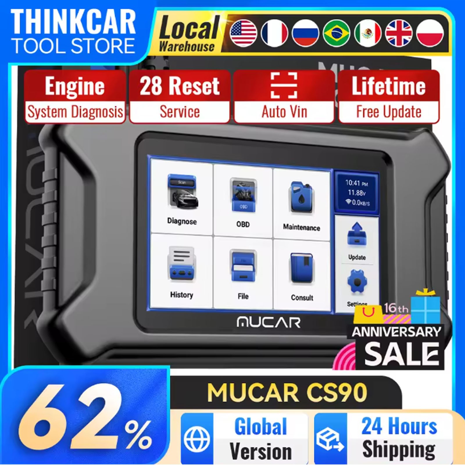 USED MUCAR CS90 OBD2 Scanner 28 Resets Services Diagnosis Engine Systems Tool
