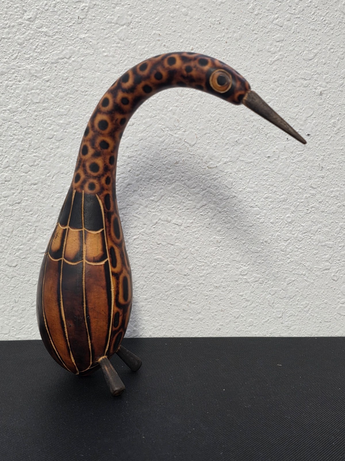 VINTAGE Peruvian Gourd Hand Carved & Painted Bird Folk Art Figurine 8"