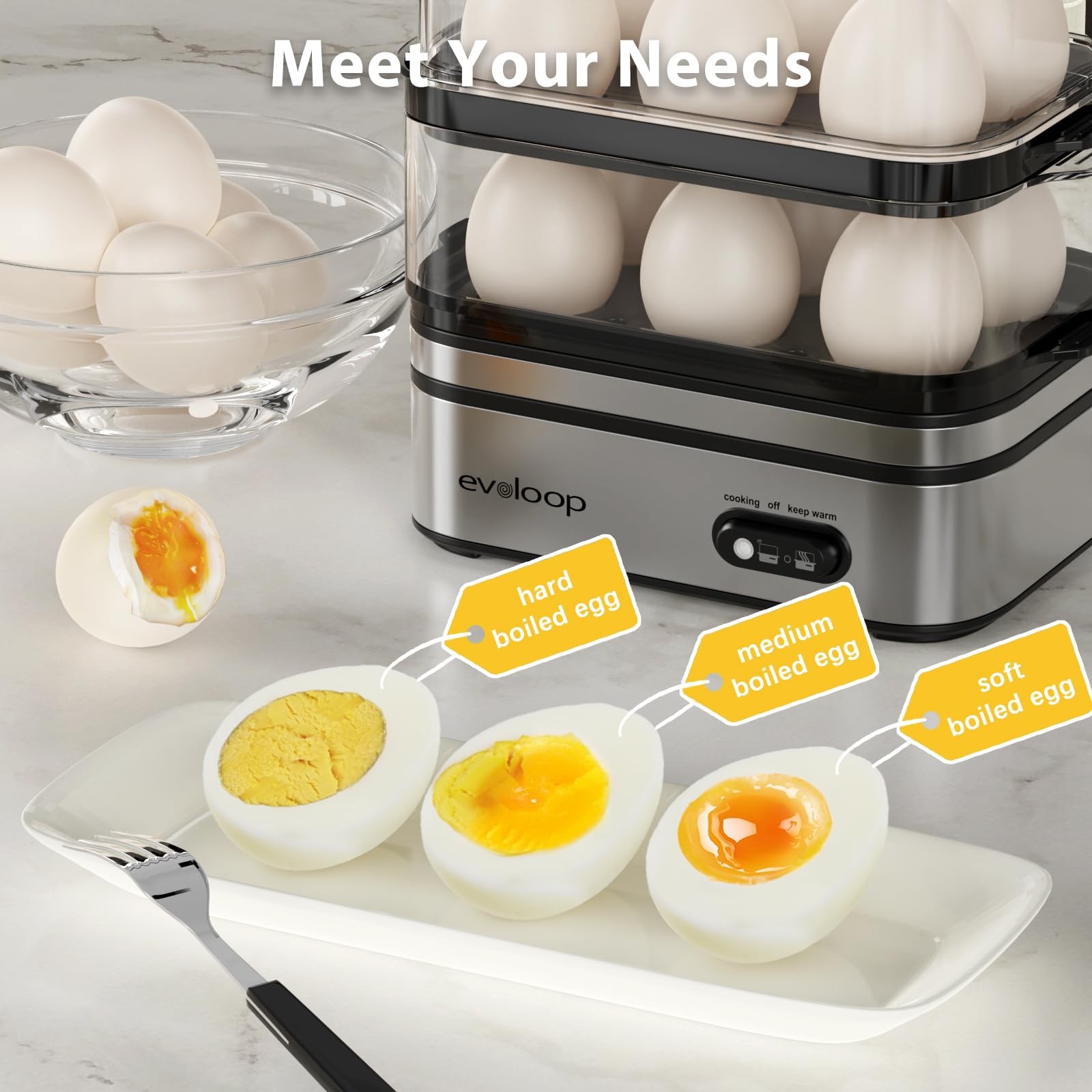 Evoloop Rapid Egg Cooker Electric 12 Eggs Capacity, Soft, 5*7*8, Silver