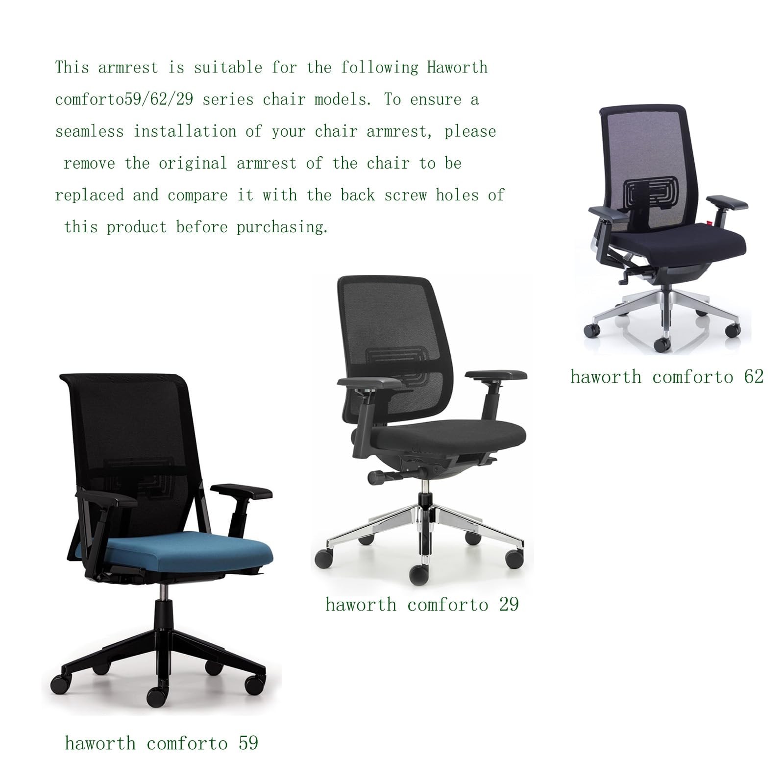armrest Pads with Haworth Comforto 59/29/62 Office Chairs, Black (Pair)