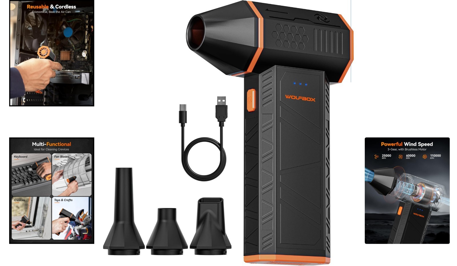 MegaFlow50 Cordless Air Duster with 3-Gear Settings & Fast Charging Capability