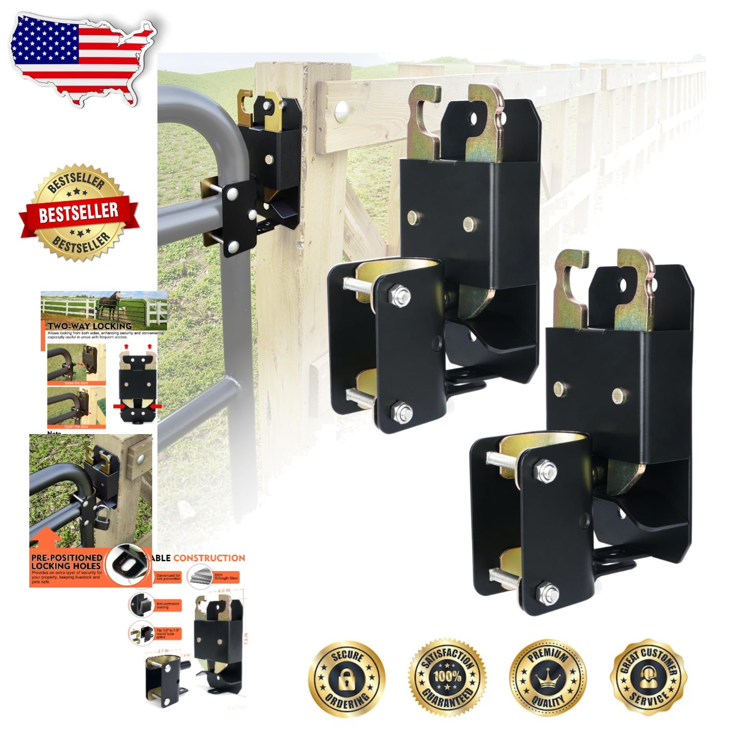 Durable 2PC Farm Gate Latch, Smooth 2-Way Operation, Heavy Duty Livestock Lock