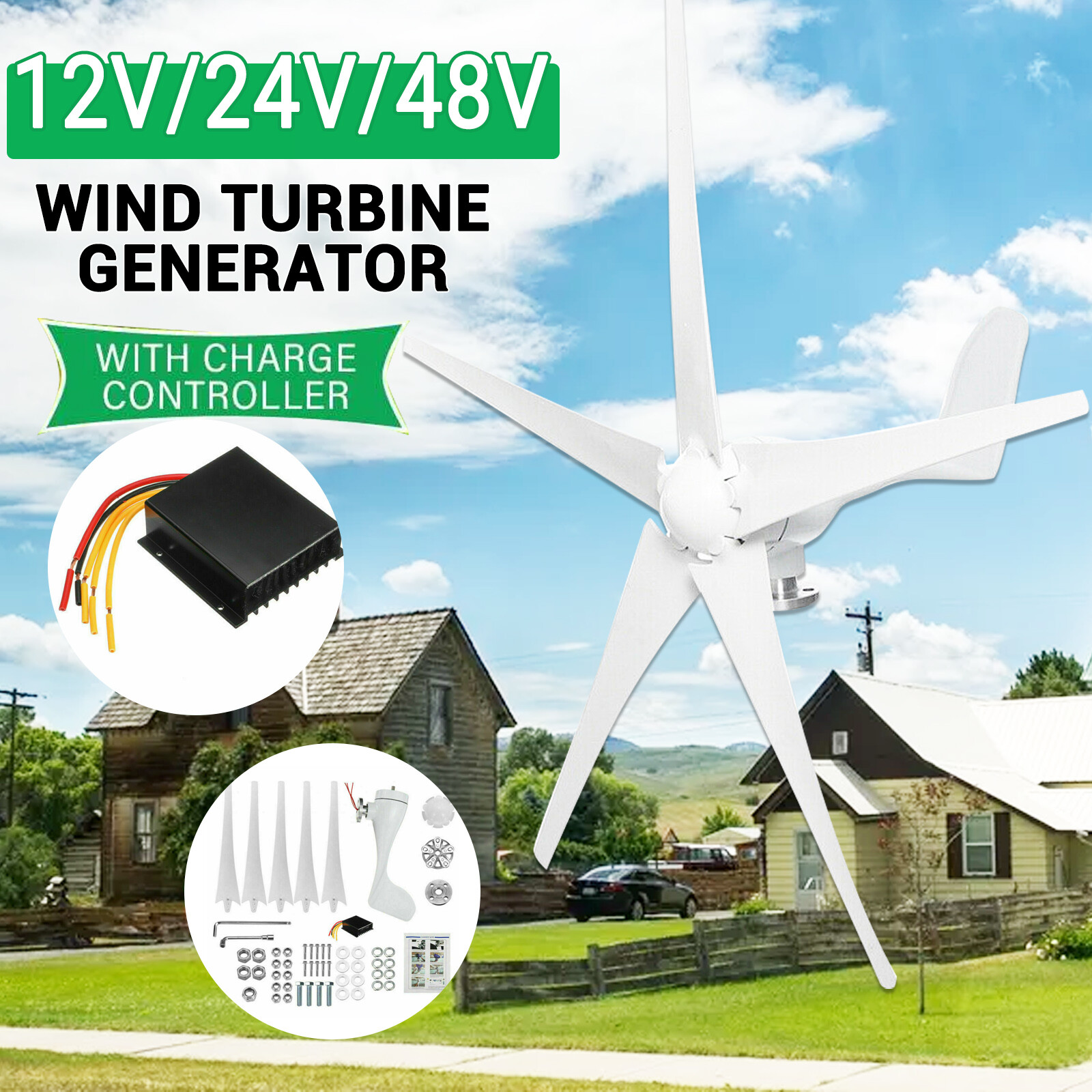 2000W 5 Blades Wind Turbine Generator + MPPT Charge Controller Enery Power MKT