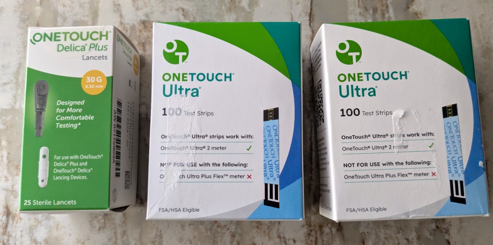 OneTouch Ultra  test strips (qty 200) plus Delica 30 gauge lancets (qty 25)