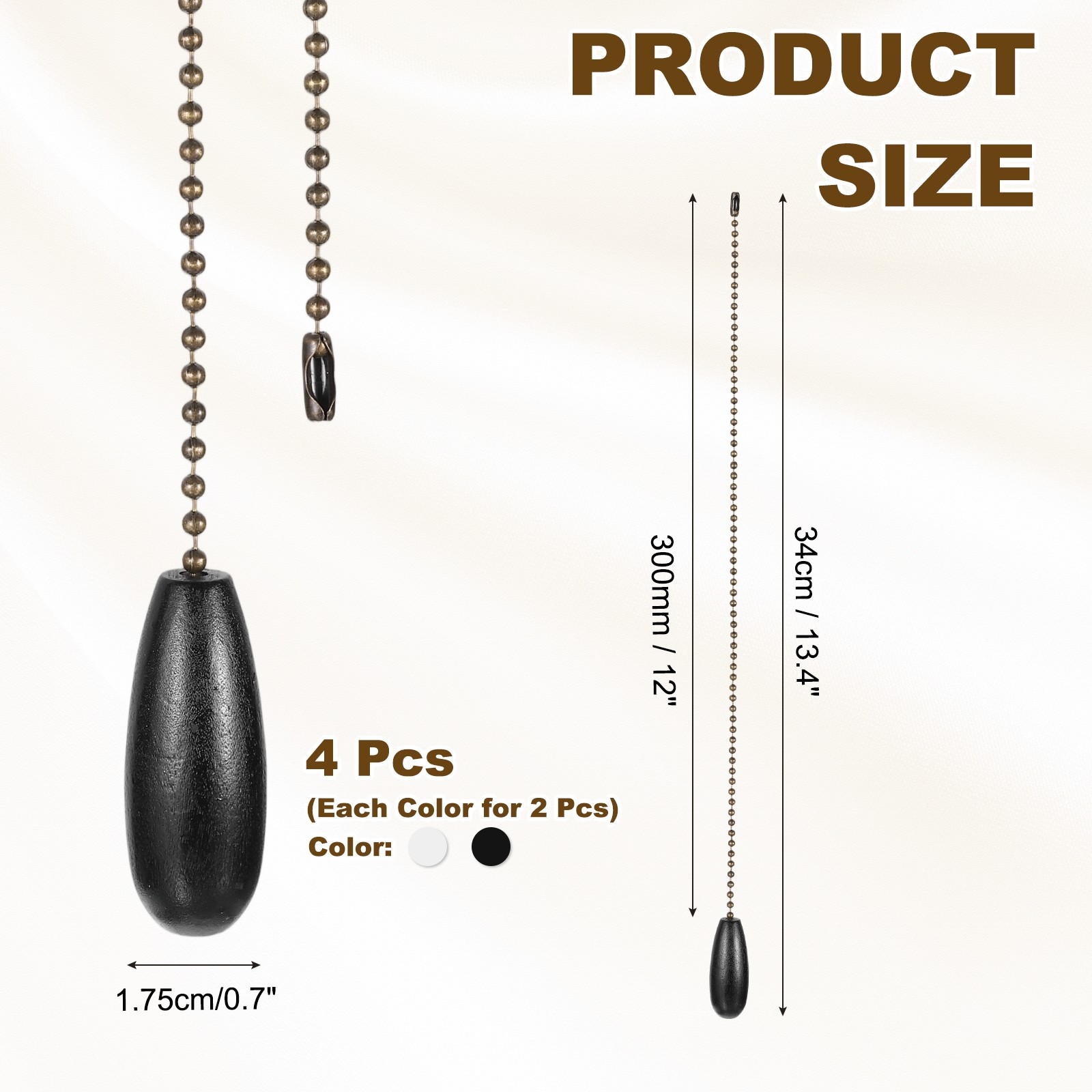 Wooden Ceiling Fan Pull Chain, 4Pcs 12" Pendant Extension Chains, Black, Silver