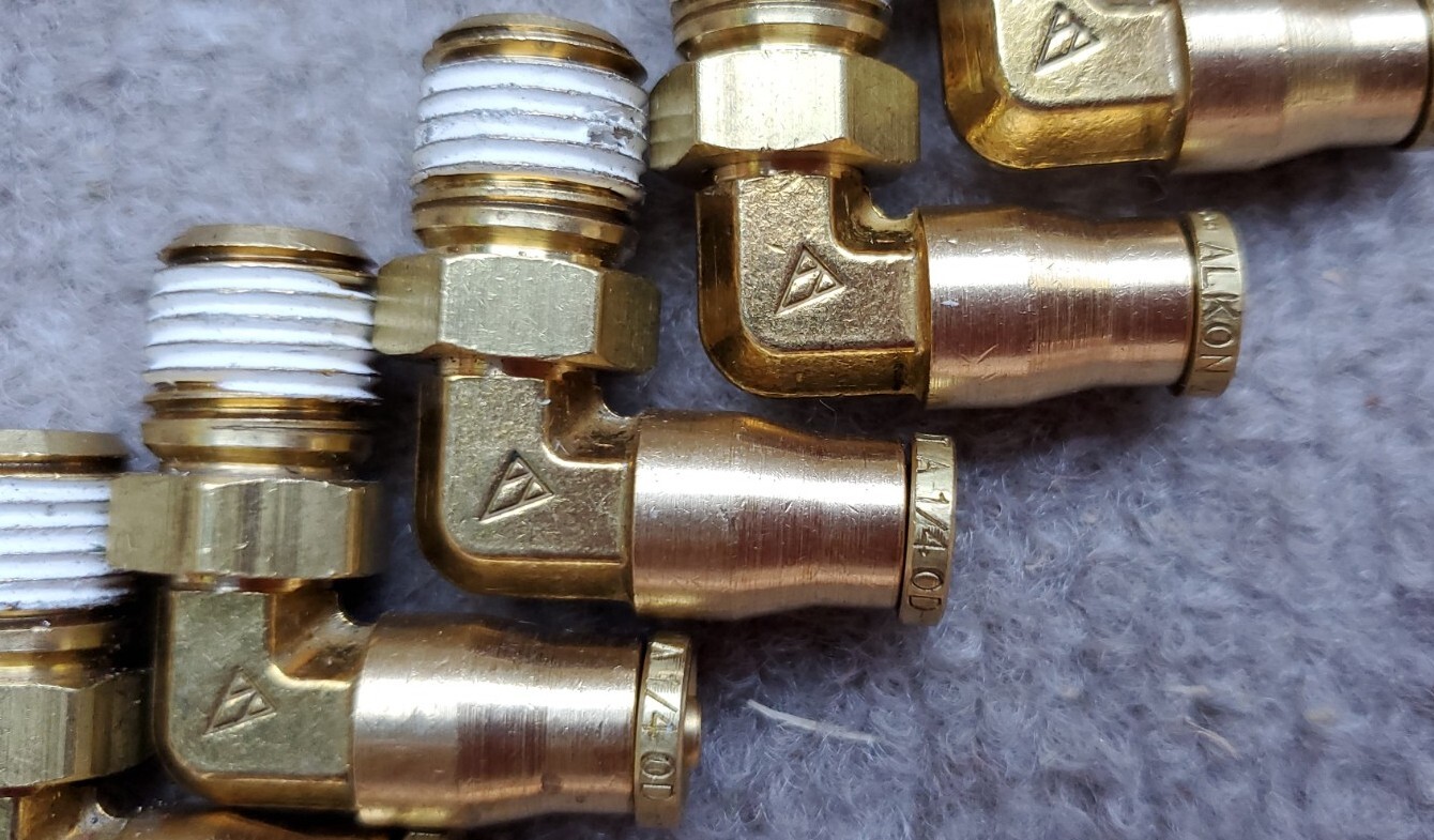 5 ALKON BRASS FITTINGS QUICK CONNECT DOT AIR BRAKE SWIVEL MALE ELBOW 1/4 X 1/4