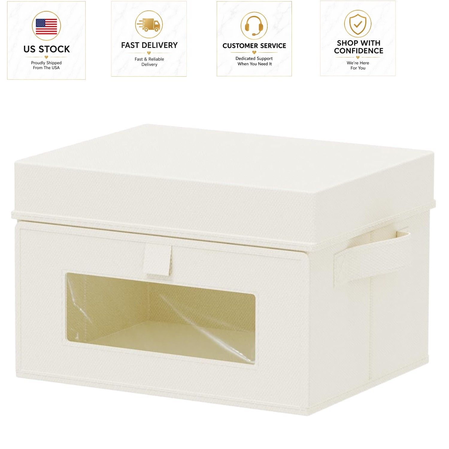 Compact Beige Storage Bin with PVC Window & Reinforced Handles for Easy Access