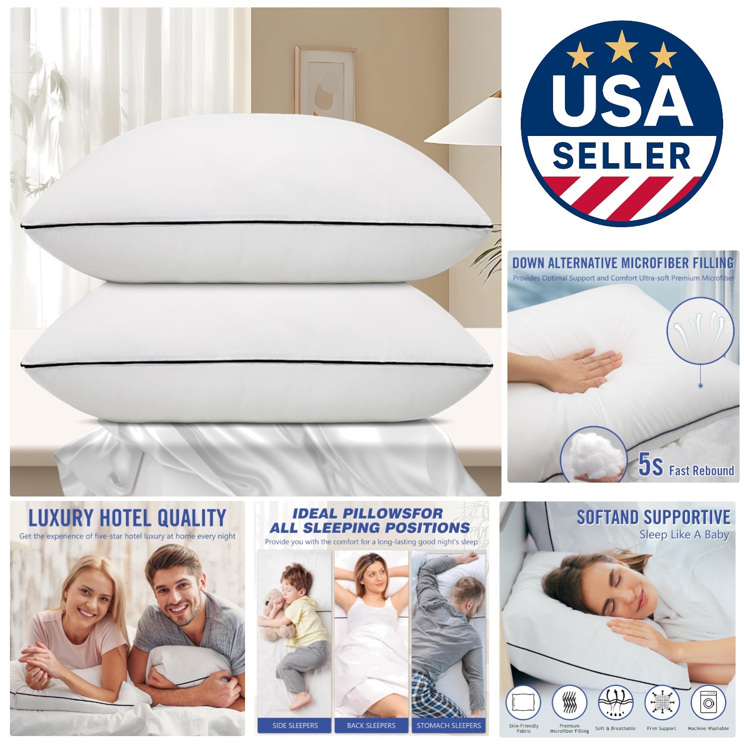 2 Pack King Size Microfiber Bed Pillows - Plush Comfort for All Sleepers