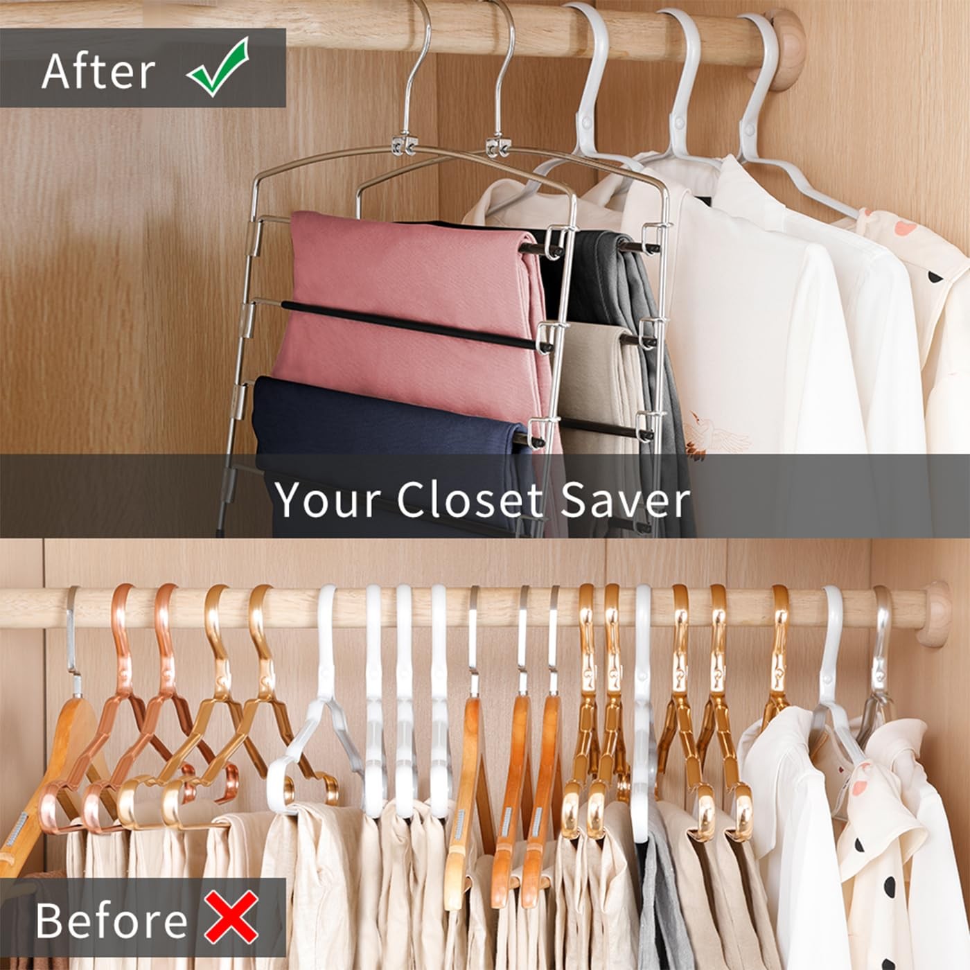 Pants Hangers Non Slip 6 Pack Space Saving Hangers Multi-Layer Swing Arm Pant...