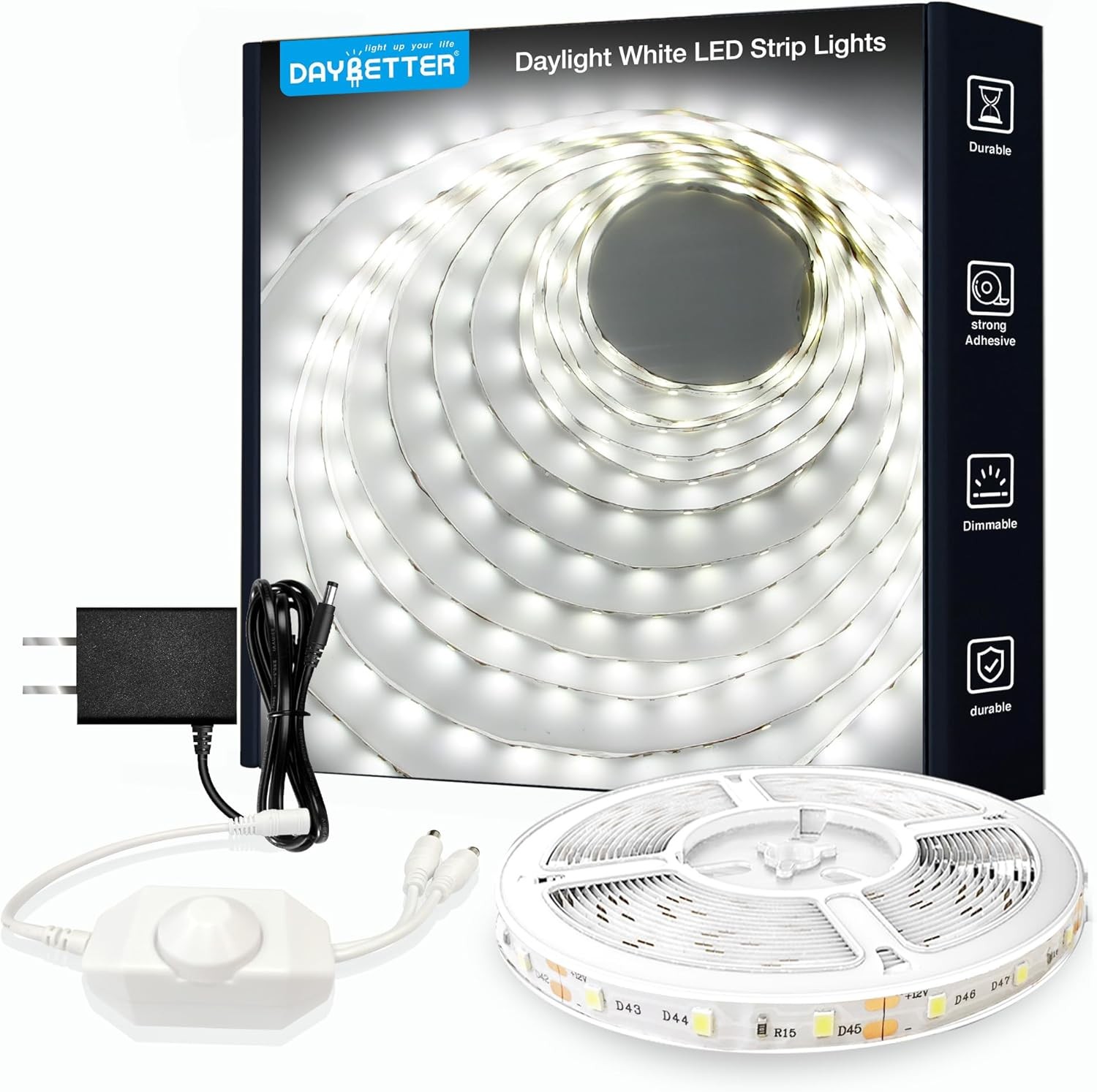 DAYBETTER White LED Strip Light, 20 ft Dimmable Bright 20FT, Daylight