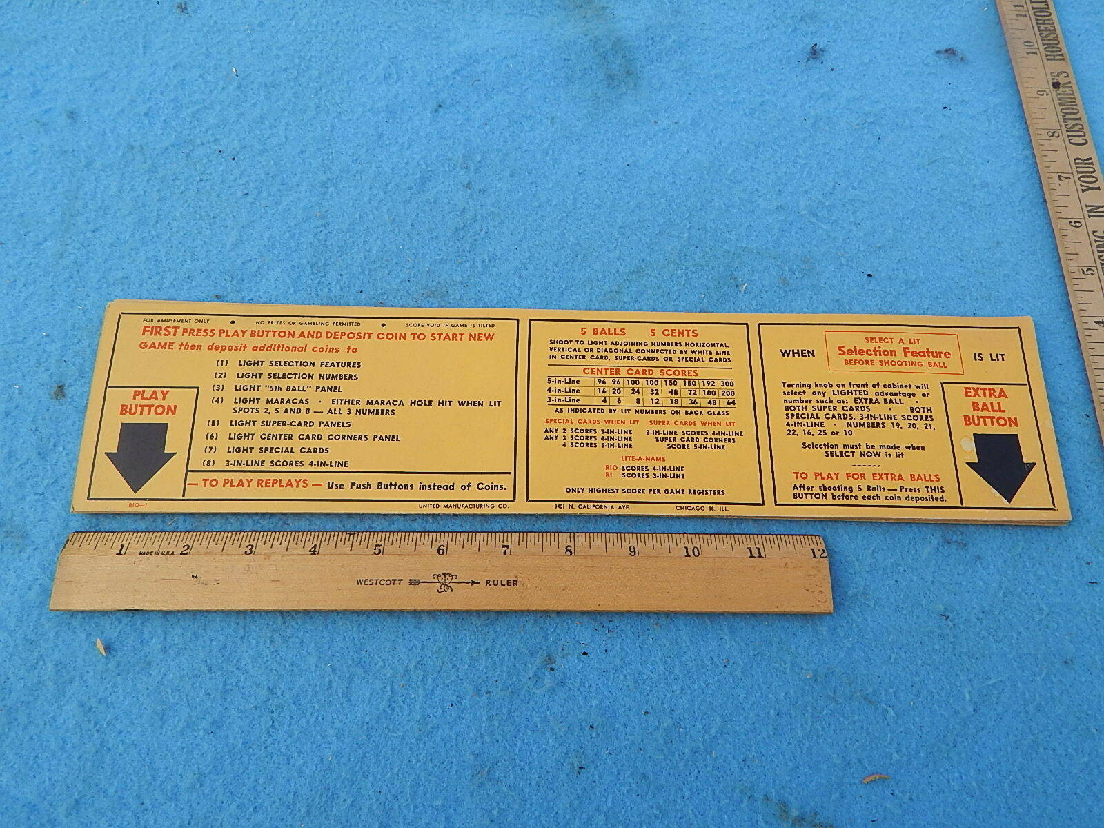 1953 United RIO Instruction & Award Card ~ 4 by 16 inches
