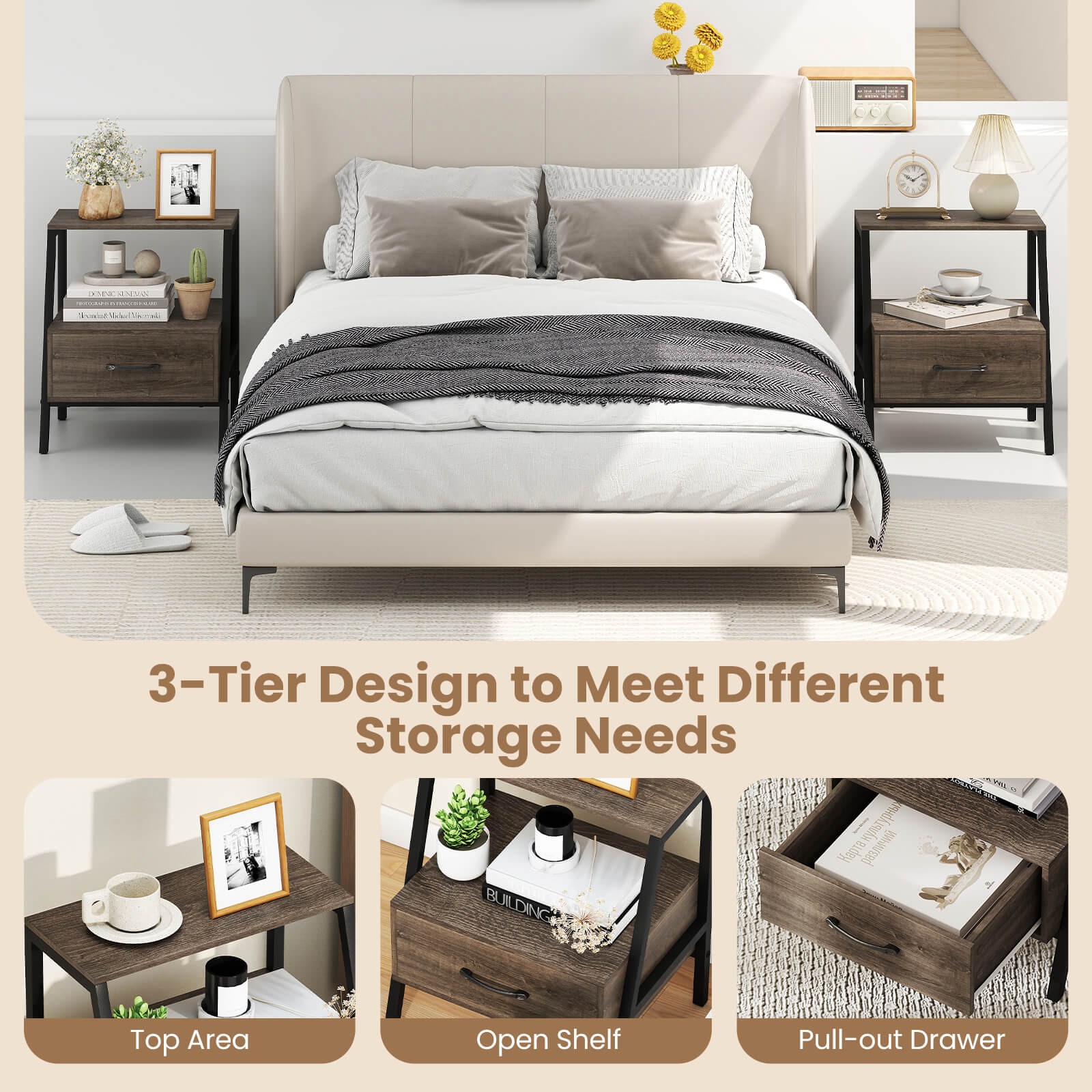 Nightstand with Drawer Farmhouse 3-Tier Bedside Table with Open Shelf End Table