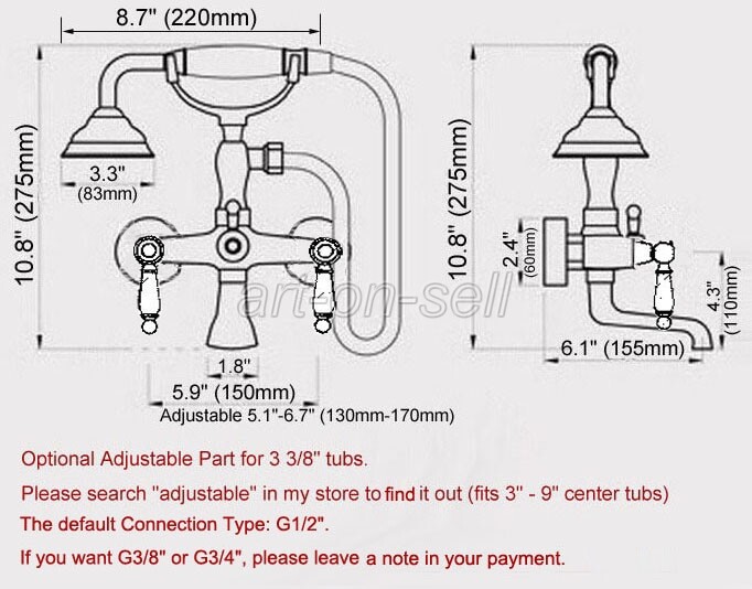 Red Copper Wall Mount Bathroom Clawfoot Bath Tub Faucet Filler w/ Hand Shower