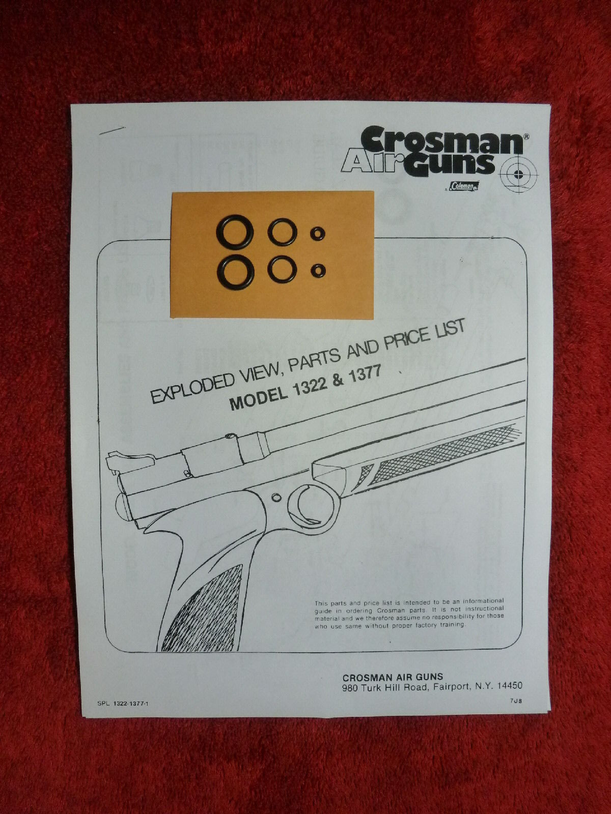 Crosman 1322 1377   Two Seal Kits + Exploded View & Parts List + Seal ID Guide