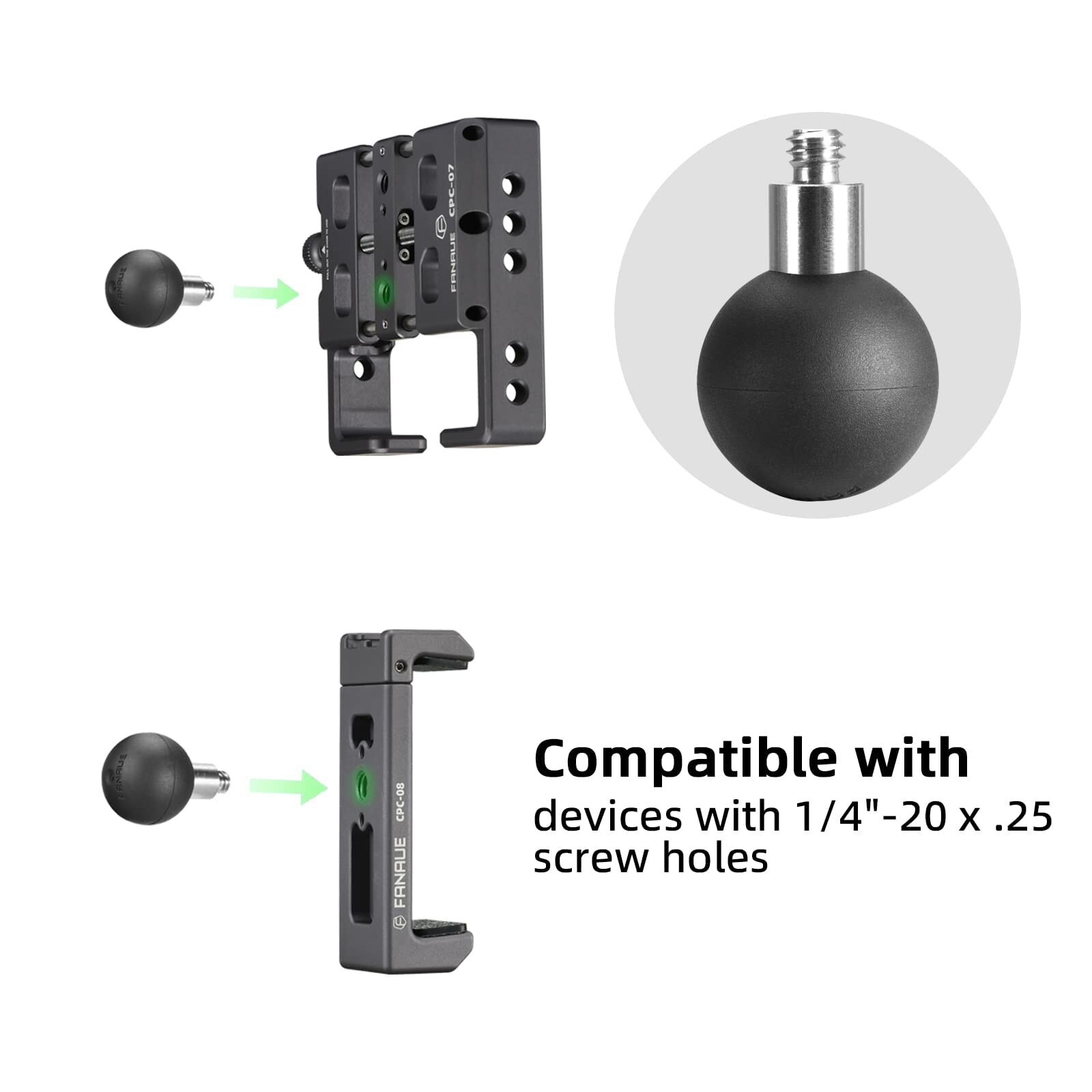 FANAUE B-1 Ball Adapter with 1/4"-20 Threaded Post,Compatible with RAM Mounts