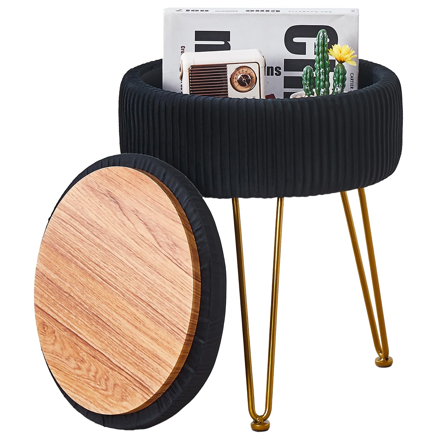 Black Velvet Vanity Stool Chair Storage Soft Ottoman AntiSlip Feet Makeup