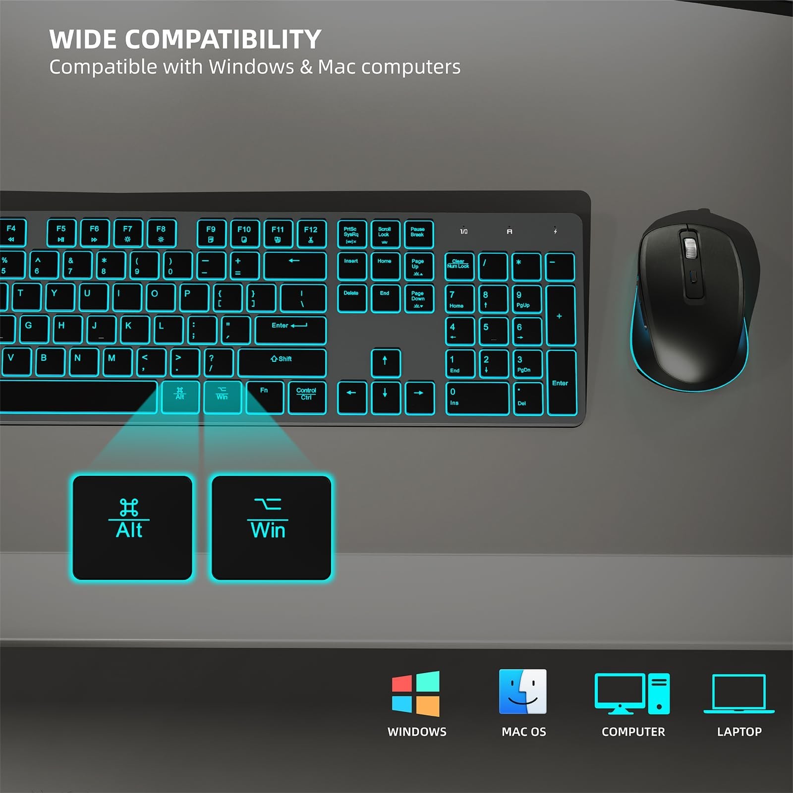Quiet Wireless Keyboard and Mouse Backlit, Rechargeable Silent Flat Keyboard ...