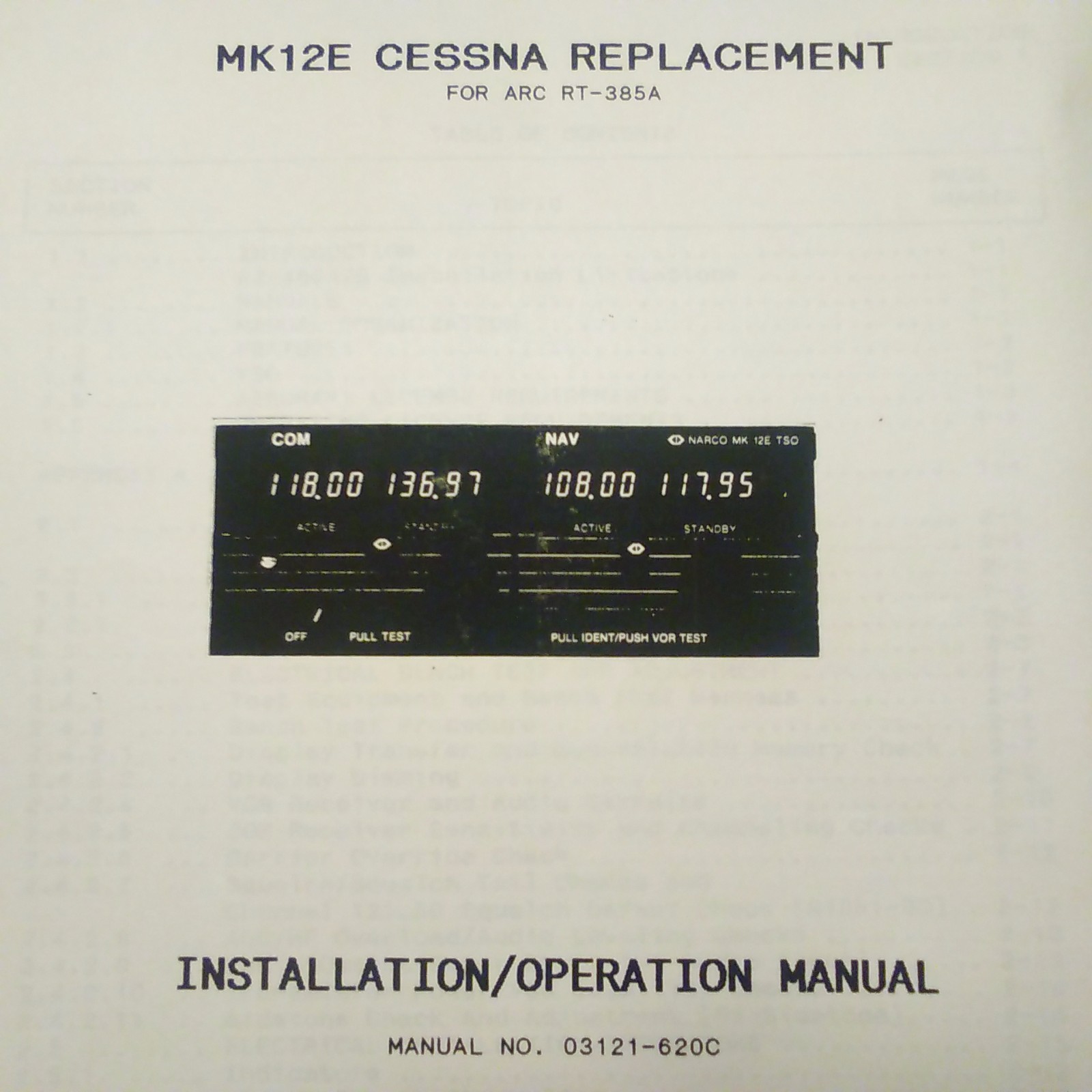 Narco Mk12E Cessna RT-385A Replacement Install Manual.