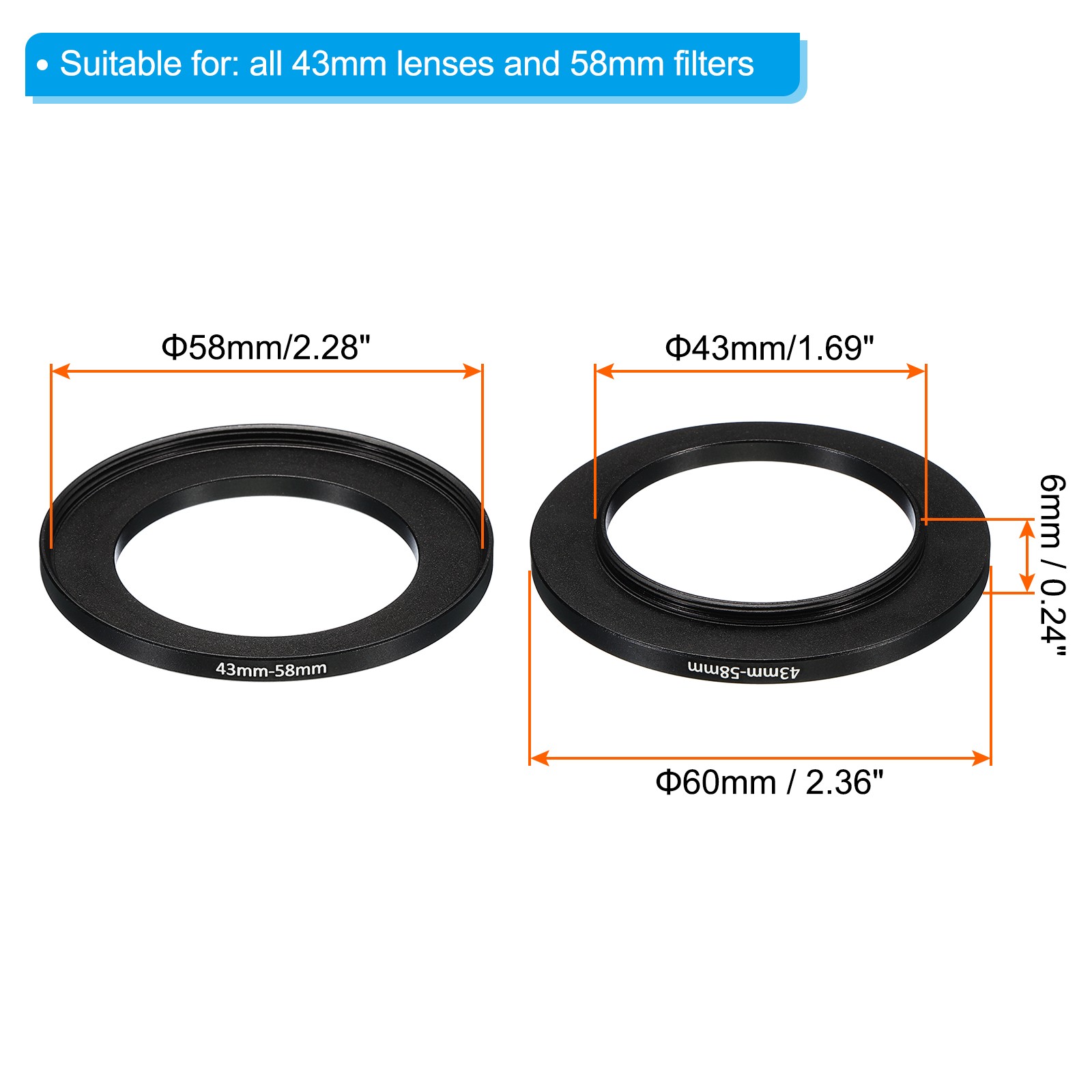 2Pcs 43mm-58mm Metal Step Up Ring Camera Lens Filter Adapter Ring Black