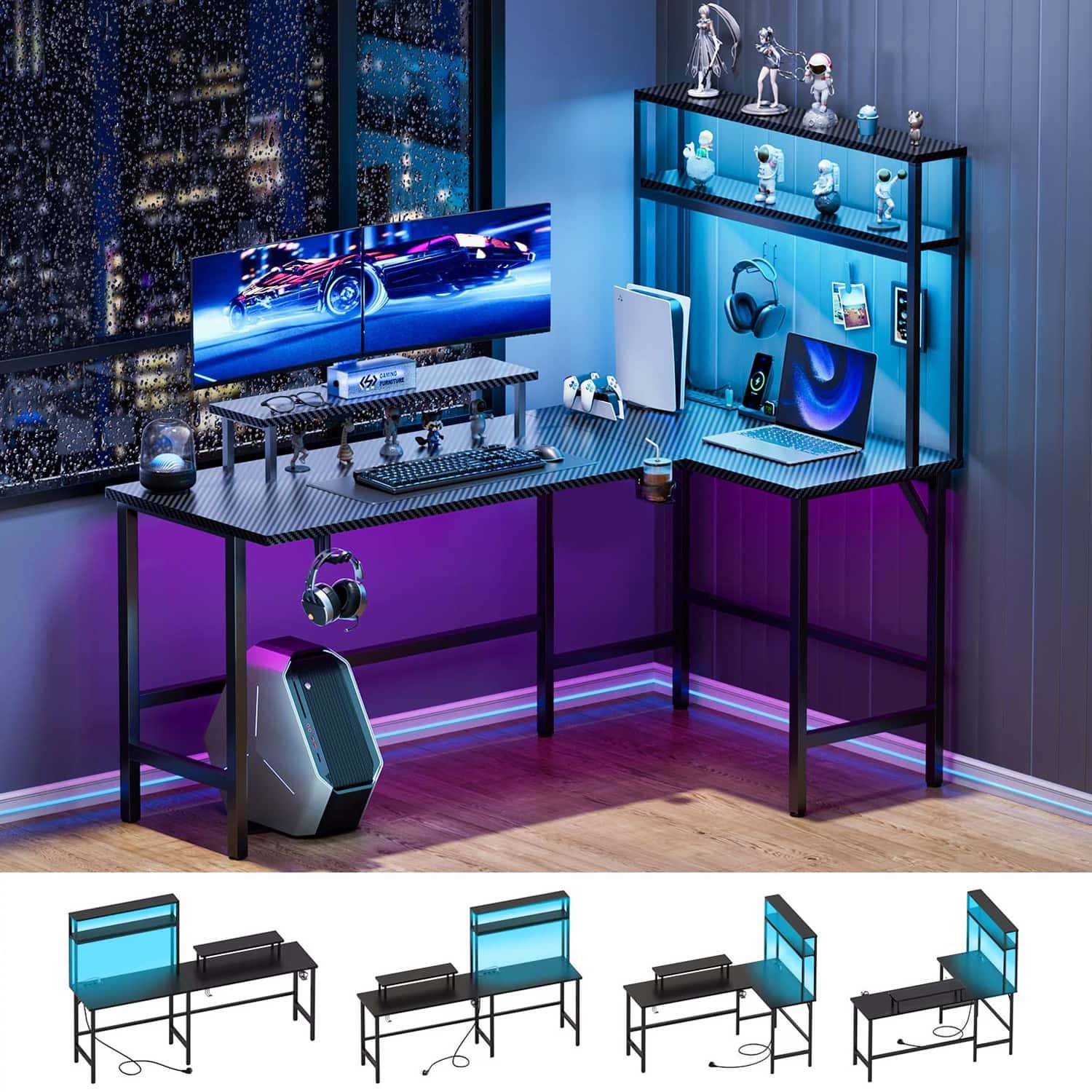 L Shaped Gaming Desk with LED & Power Outlets, Reversible Corner Computer Desk