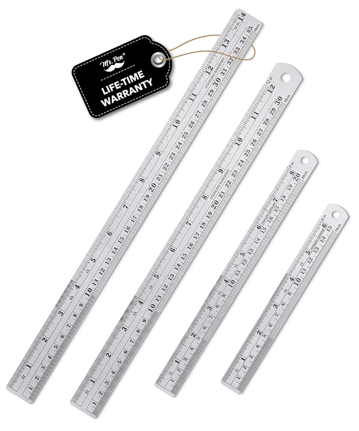 Steel Rulers, 6, 8, 12, 14 Inch Metal Rulers, Pack of 4