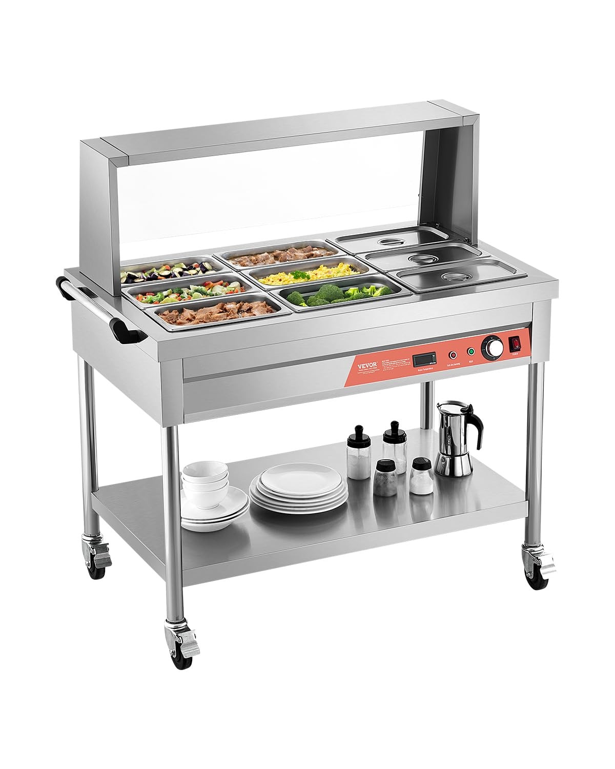 VEVOR 9-Pan Commercial Food Warmer, 9 x 1/3 Pans Electric Steam 9-Pan, Silver