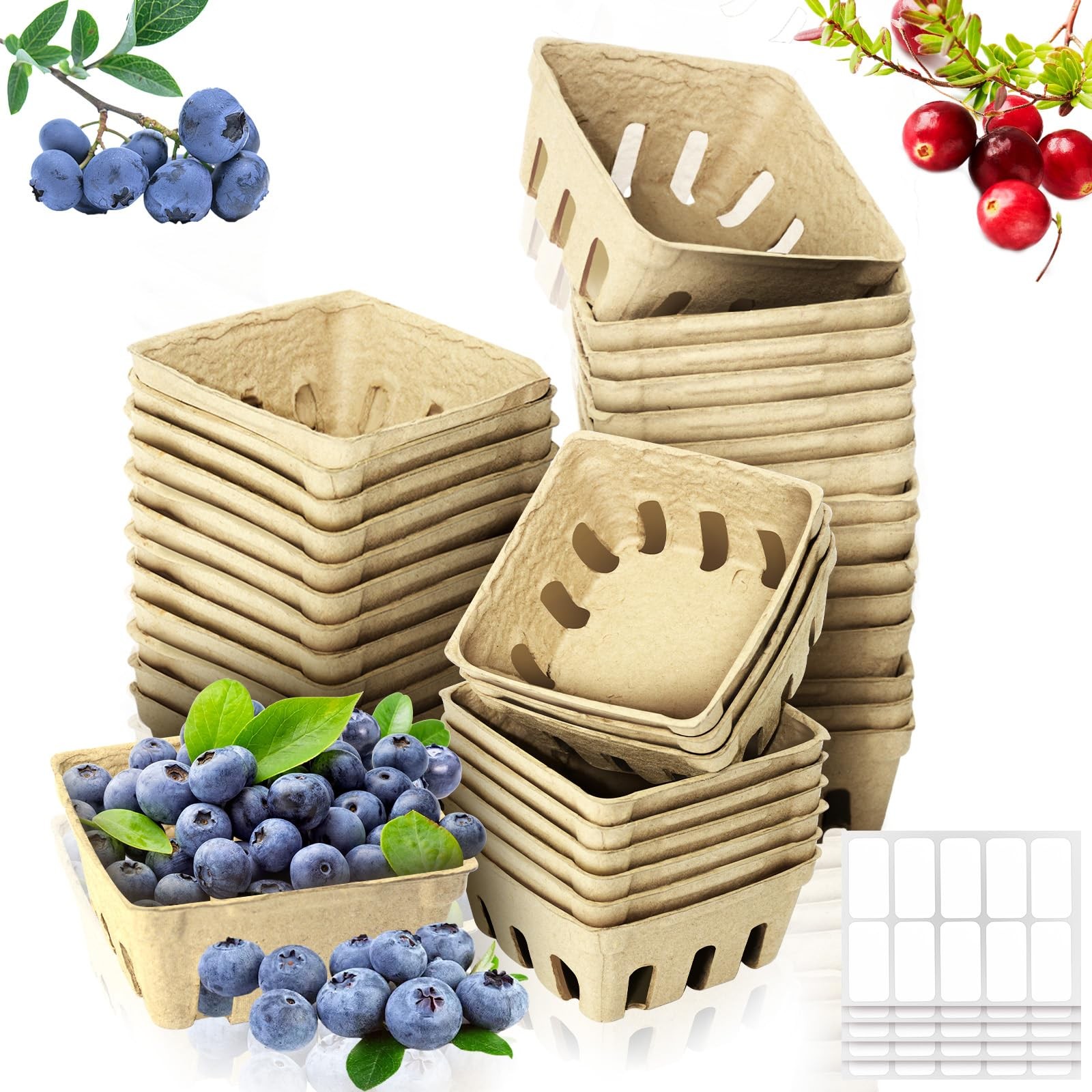 50 PCS Natural Pulp Fiber Berry Baskets Blank Label Vented Produce Storage