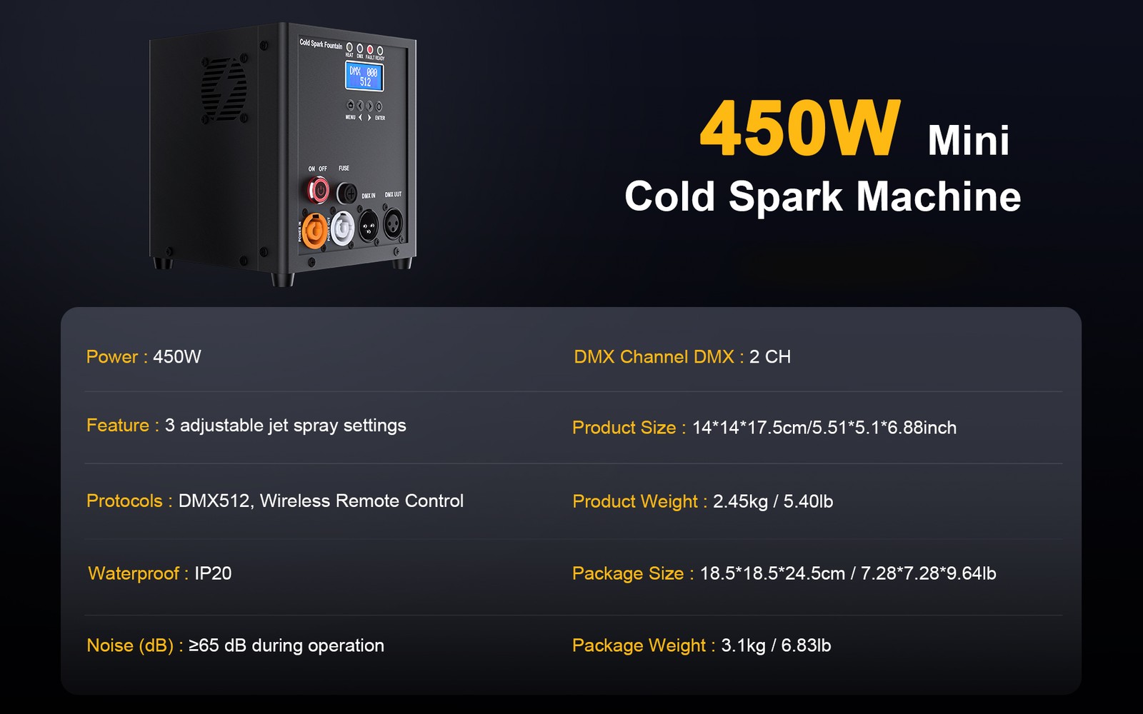 SHEHDS 450W Mini Cold Spark Machine Stage Effect DMX Remote 6.6ft–16.4ft