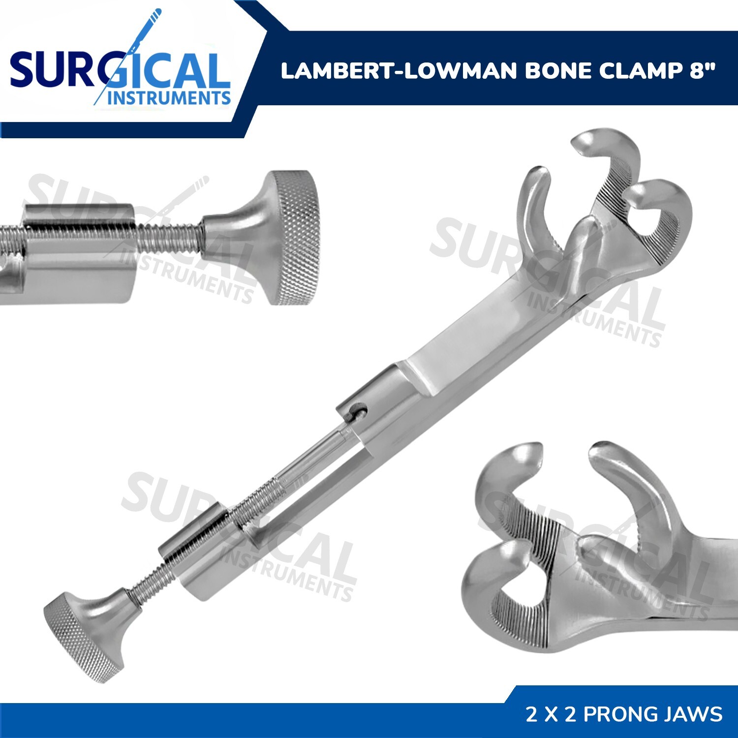LAMBERT-LOWMAN Bone Clamp 8" 2 x 2 Prong Jaws 1 3/8" Wide Stainless German Grade
