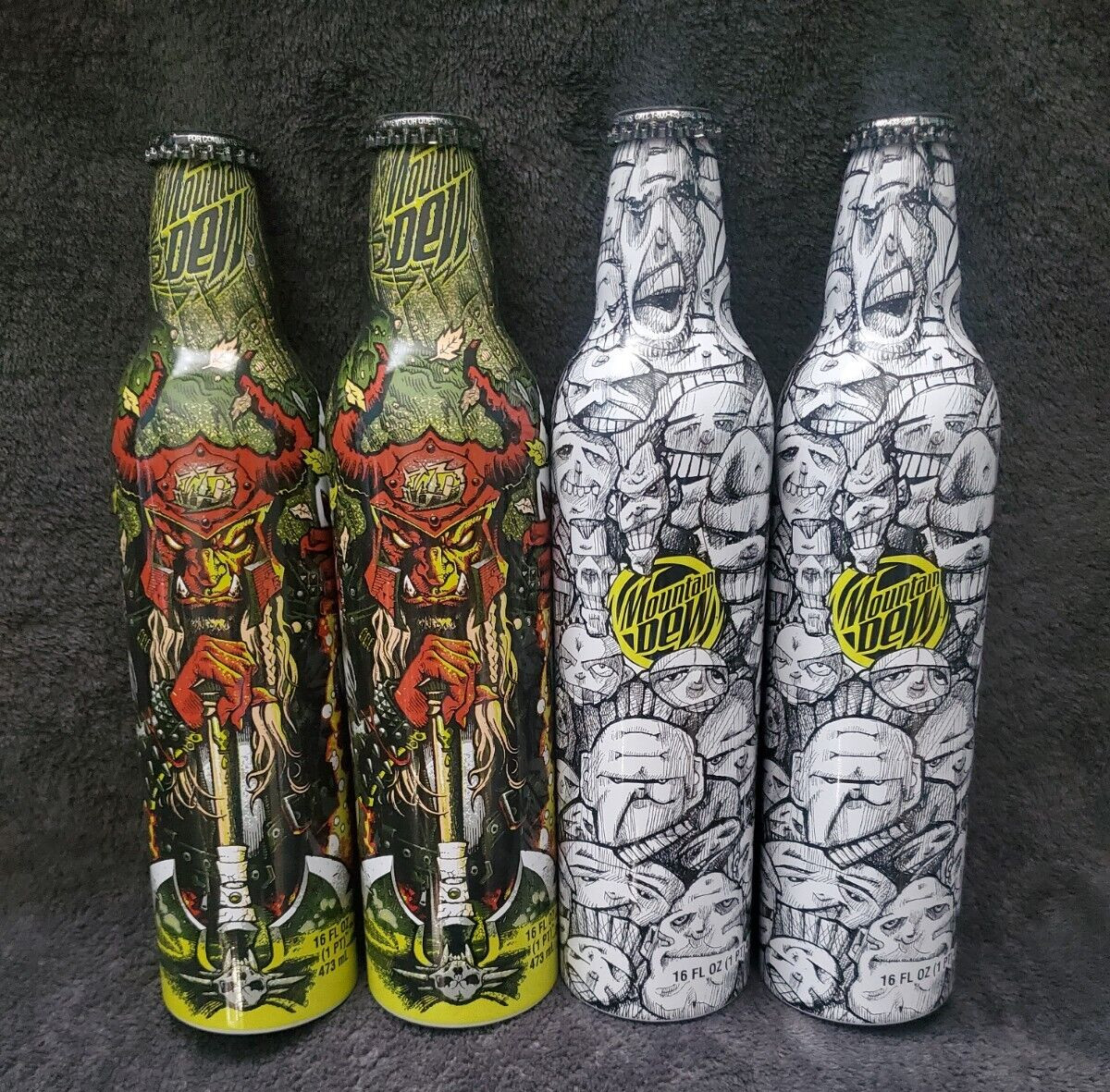 4 Full Unopened Mountain Dew Green Label Art Aluminum Collector Bottles OBO
