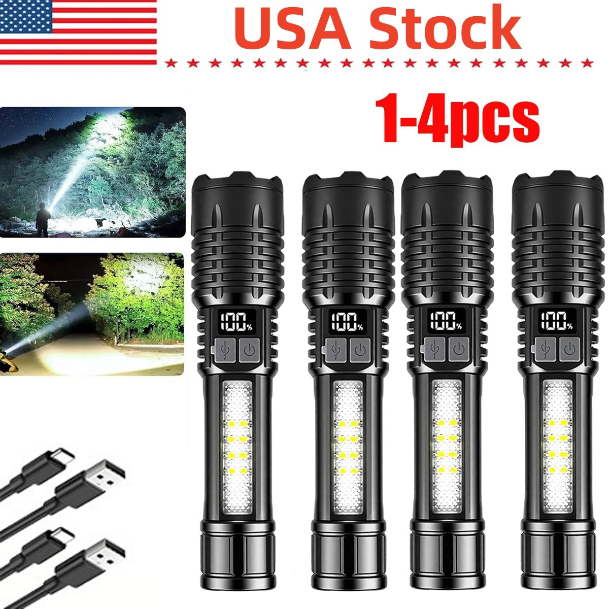 1-4X 99000000LM Super Bright LED Tactical Flashlight Rechargeable LED Work Light